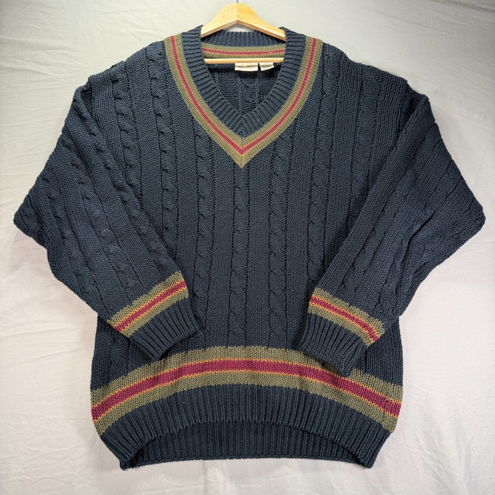 Vintage Cable Knit Tennis Sweater Mens Large Preppy Ivy League Criquet Blue 90s